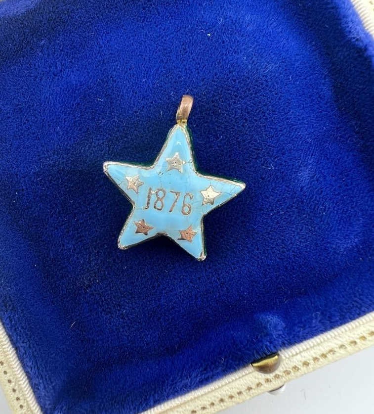 Antique 19th C American Centennial 1876 Pendant: Antique 19th C American Centennial 1876 Pendant. Antique 19th Century American Victorian turquoise and cobalt blue enamel on silver star necklace pendant or fob dated 1876 on both sides from the 100 y