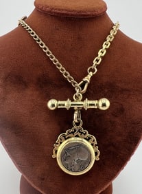 Antique Gold Filled Watch Chain Necklace w Coin