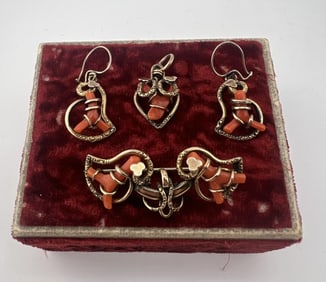 Antique 19th C Suite of Jewelry Parure of Coral