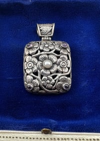 Arts & Crafts Style Sterling Garnet Pearl Pendant