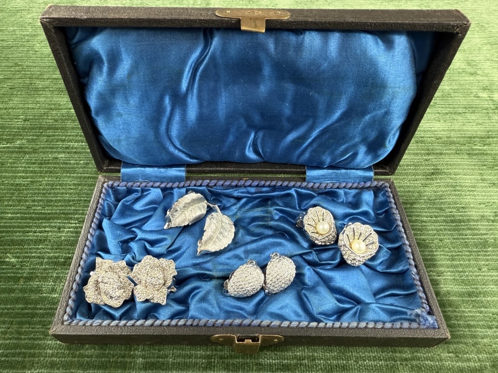 Collection of Vintage & Jomaz Clip On Earrings: Collection of Vintage & Joseph Mazer Clip On Earrings. Four pairs of vintage clip on earrings, including one pair marked Jomaz. Largest measures 1.25 inches long.