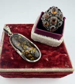 Sterling - Austro Hungarian Ring & Amber Pendant