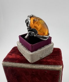 Estate Arts & Crafts Sterling & Amber Ring