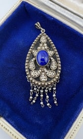 Antique Sterling Seed Pearl & Lapis Pendant