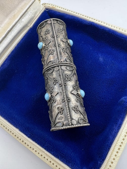 Antique 800 Silver & Turquoise Lipstick Case: Antique 800 Silver & Turquoise Lipstick Case.Hallmarked 800 on the base, set with seven turquoise or blue glass cabochons. Measures 2.5 inches in length.
