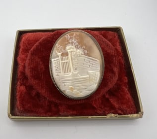Antique Carved Shell Cameo Pendant w Castle Scene