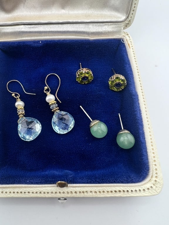 Sterling Silver Earrings - Jade Pearl Peridot etc: Sterling Silver Earrings - Jade Pearl Peridot etc. Jade stud 6mm stud earrings, aquamarine tone drops with pearls, peridot cluster floral motif studs. Hallmarked 925 and unmarked.