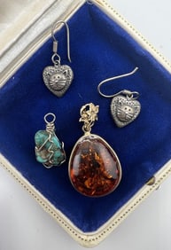 Amber & Turquoise Pendants - Sterling Cat Earrings