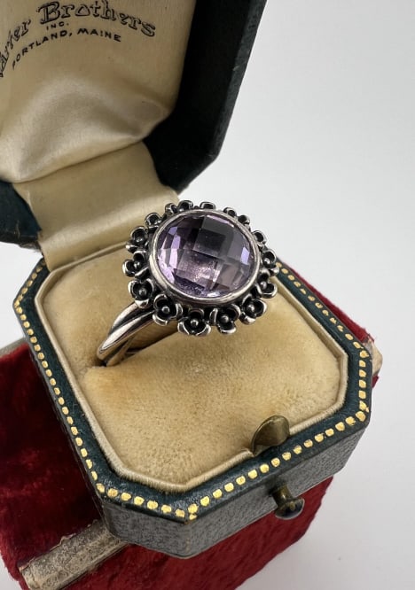 Pandora Sterling Silver & Briolette Amethyst Ring: Pandora Sterling Silver & Briolette Amethyst Ring. Hallmarked 925 and ALE. Ring size approximately 6.5