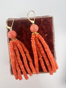 Pair of Coral Tassel Motif Pendant Earrings