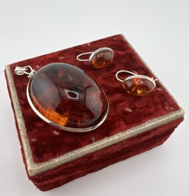 Vintage Sterling & Amber Jewelry Necklace Earrings