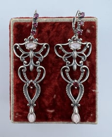Sterling Garnet & MOP Art Nouveau Earrings