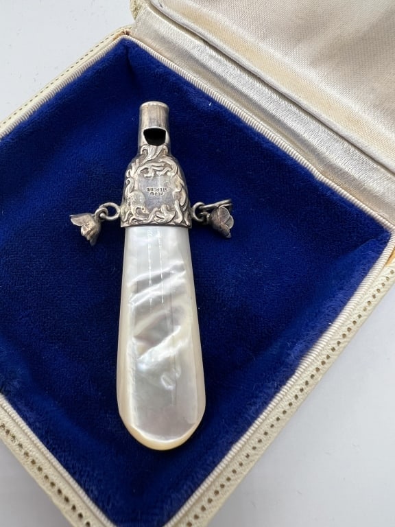 Antique Sterling Mother of Pearl Rattle & Whistle (1 of 7)