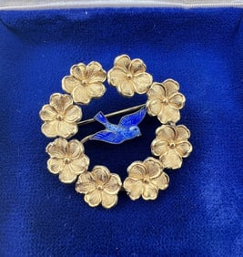 Antique Gold Filled & Enamel Bird Wreath Brooch