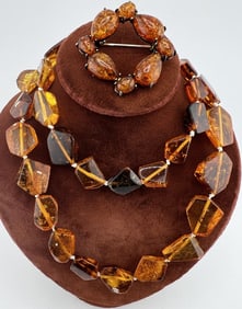 Vintage Sterling & Amber Necklace & Brooch
