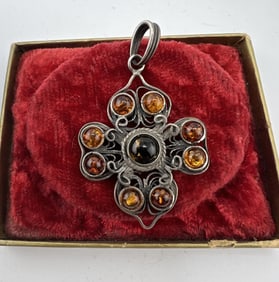 Vintage Sterling Silver & Amber Maltese Cross