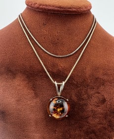 Vintage Sterling Silver & Amber Necklace Pendant