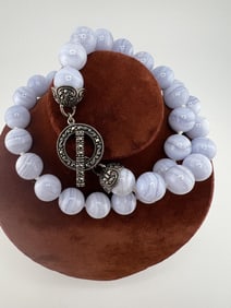 Sterling Silver Lace Agate Marcasite Bead Necklace