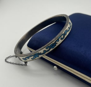 Estate Sterling Silver & Enamel Bangle Bracelet