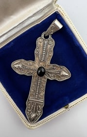Large Scale Vintage Sterling & Onyx Cross Pendant