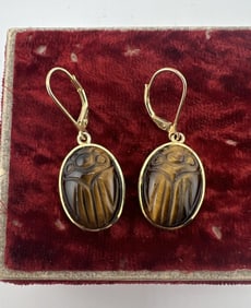 Pair Gold Over Sterling Egyptian Scarab Earrings