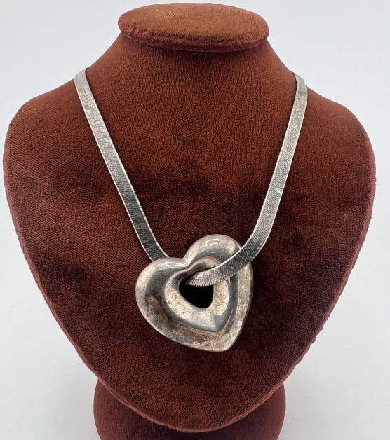 Vintage Sterling Herringbone Necklace with Heart (1 of 6)