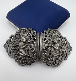 Antique Silver Indo Persian Two Panel Belt Buckle