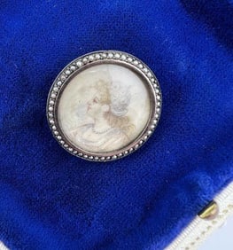 Antique Silver Portrait Miniature Brooch w Pearls