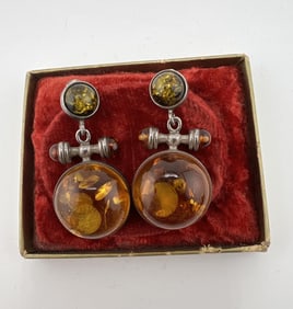 Pair of Vintage Sterling Silver & Amber Earrings