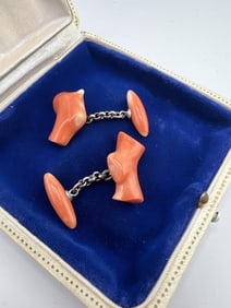 Pair Estate Silver & Natural Coral Cuff Links