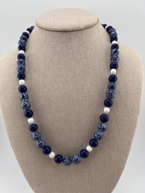 Estate Chinese Blue & White Hand Painted Necklace