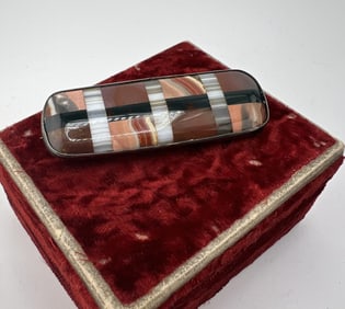 Antique 19th C Silver Carlsbad Pietra Dura Brooch