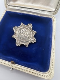 Antique 19th C Sterling Starburst Brooch w Locket