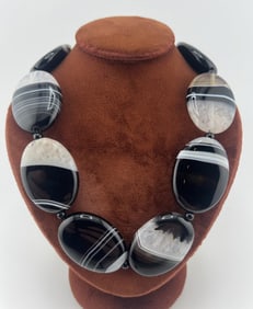 Large Scale Banded Black & White Agate Necklace