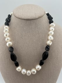 Sterling Cultured Baroque Pearl & Onyx Necklace