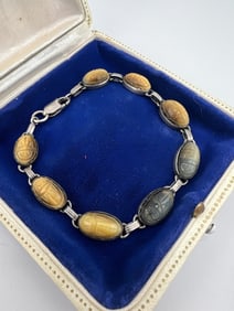 Egyptian Revival Sterling & Stone Scarab Bracelet