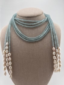 Three Strand Carved Aqua Bead & Pearl Necklace