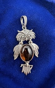 Owl Necklace Pendant Sterling & Baltic Amber