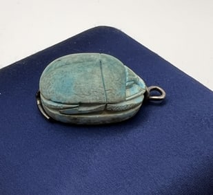 Antique Egyptian Faience Scarab & Silver Pendant