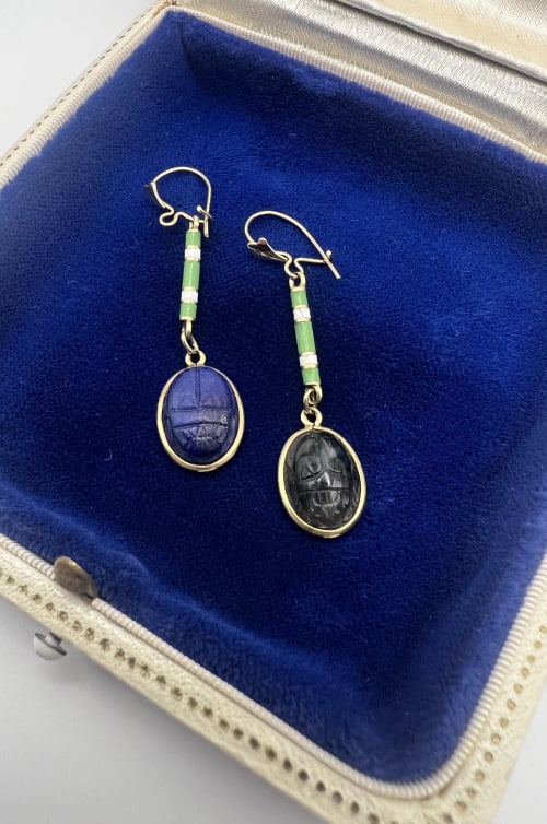 Antique Egyptian 14kt Gold & Hardstone Earrings: Antique Egyptian 14kt Gold & Hardstone Earrings. Pair of unique estate earrings made with 14kt yellow gold, enamel and hand carved hardstone lapis lazuli and agate scarabs that are bezel set in 14kt y