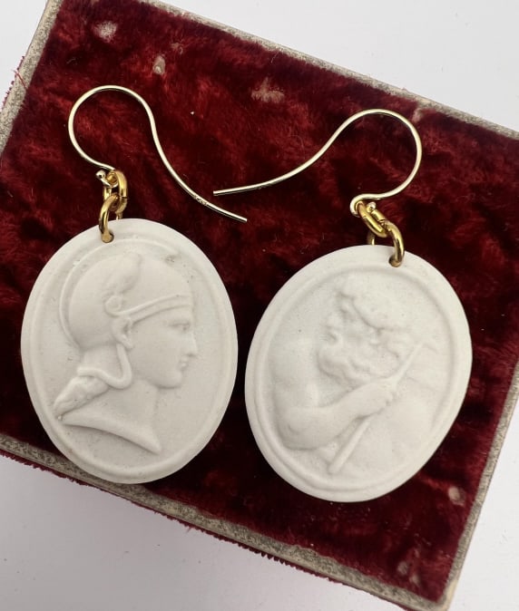 Antique 14kt Gold Grand Tour Medallion Earrings: Antique 14kt Gold Grand Tour Medallion Earrings. Pair of bisque porcelain cast plaques of Poseidon and a Greco Roman soldier. Set with 14kt yellow gold ear wire, hallmarked and acid tested. Each measu