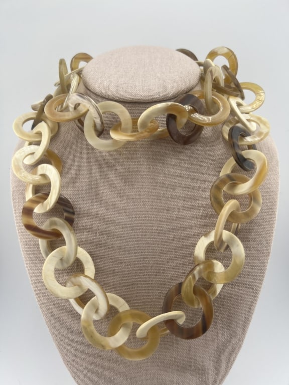 Carved Horn Rolo Link Necklace by Monies: Carved Horn Rolo Link Necklace by Monies. Measures 40 inches in length.