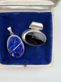 Vintage Necklace Pendant - Sterling Lapis & Onyx