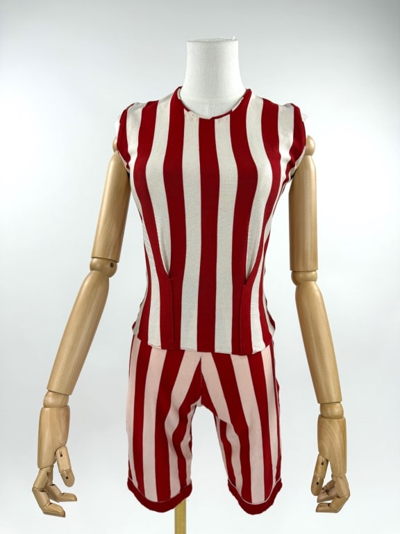 Antique 1920s Red & White Stripe Knit Bathing Suit: Antique 1920s Red & White Stripe Knit Bathing Suit. Labeled 'Lester'. Rayon knit stretch throughout. Light wear as shown. Small spots. Top: Bust: 32" - 36" / Waist: 26" - 32" / Length: 20". Shorts: Wa