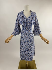 Vintage 1930s Deco Floral Flutter Sleeve Day Dress