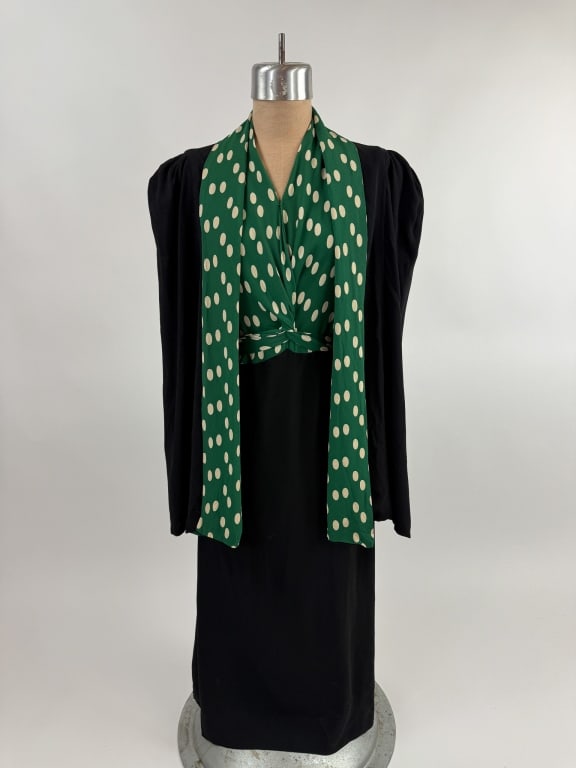 Vintage 1930s Polka Dot Crepe Dress & Cape Set: Vintage 1930s Green & Black Polka Dot Crepe Day Dress & Cape 2 Piece Set. Dress features wrap style at front with long adjustable ribbon ties at waist. Dress snaps at side to close. Dress measures 34
