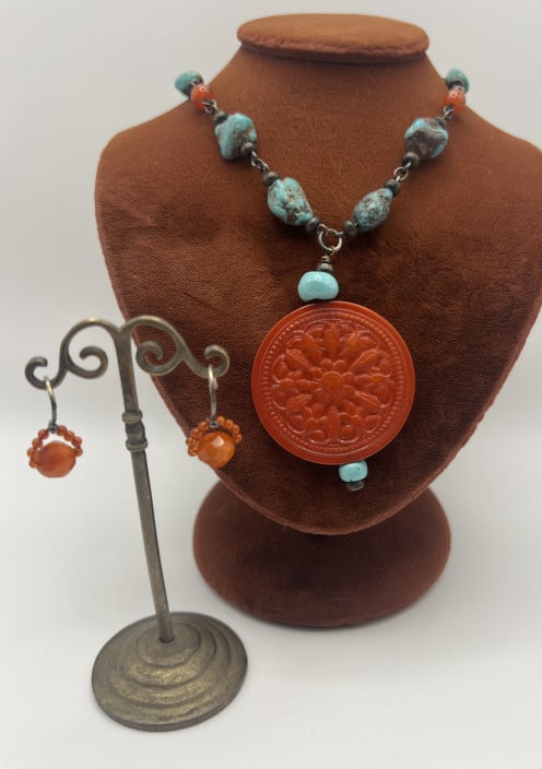 Chan Luu Earrings & Ben Amun Necklace: Chan Luu Earrings & Ben Amun Necklace. Tumbled turquoise bead and carnelian round bead necklaceby Ben Amun and faceted carnelian earrings by Chan Luu. Necklace is signed on tag. Chain measures 18 inch