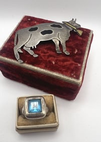 Vintage Sterling Silver Cocktail Ring & Cow Brooch