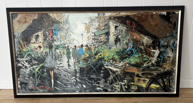 Mid Century Modern Style Palette Knife Painting: Mid Century Modern Style Palette Knife Painting. City scape street market scene. Apparently unsigned. Custom framed. Measures 27 x 51 inches.