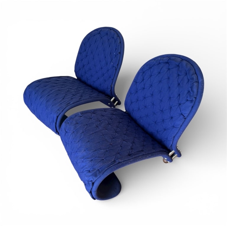 Pair Mid Century Modern Verner Panton Chairs: Pair Mid Century Modern Verner Panton Slipper Chairs. With original fabric upholstery. Each measures approximately 27.5 x 23.5 x 29 inches.